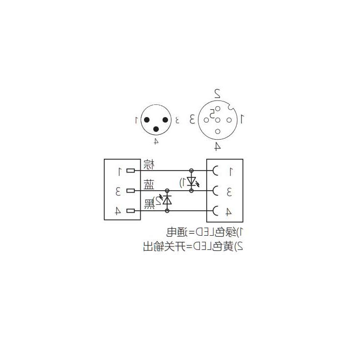 M12母头90°带LED灯转M8公头直型、3Pin、双端预铸PVC非柔性电缆、灰色护套、64D043-XXX 